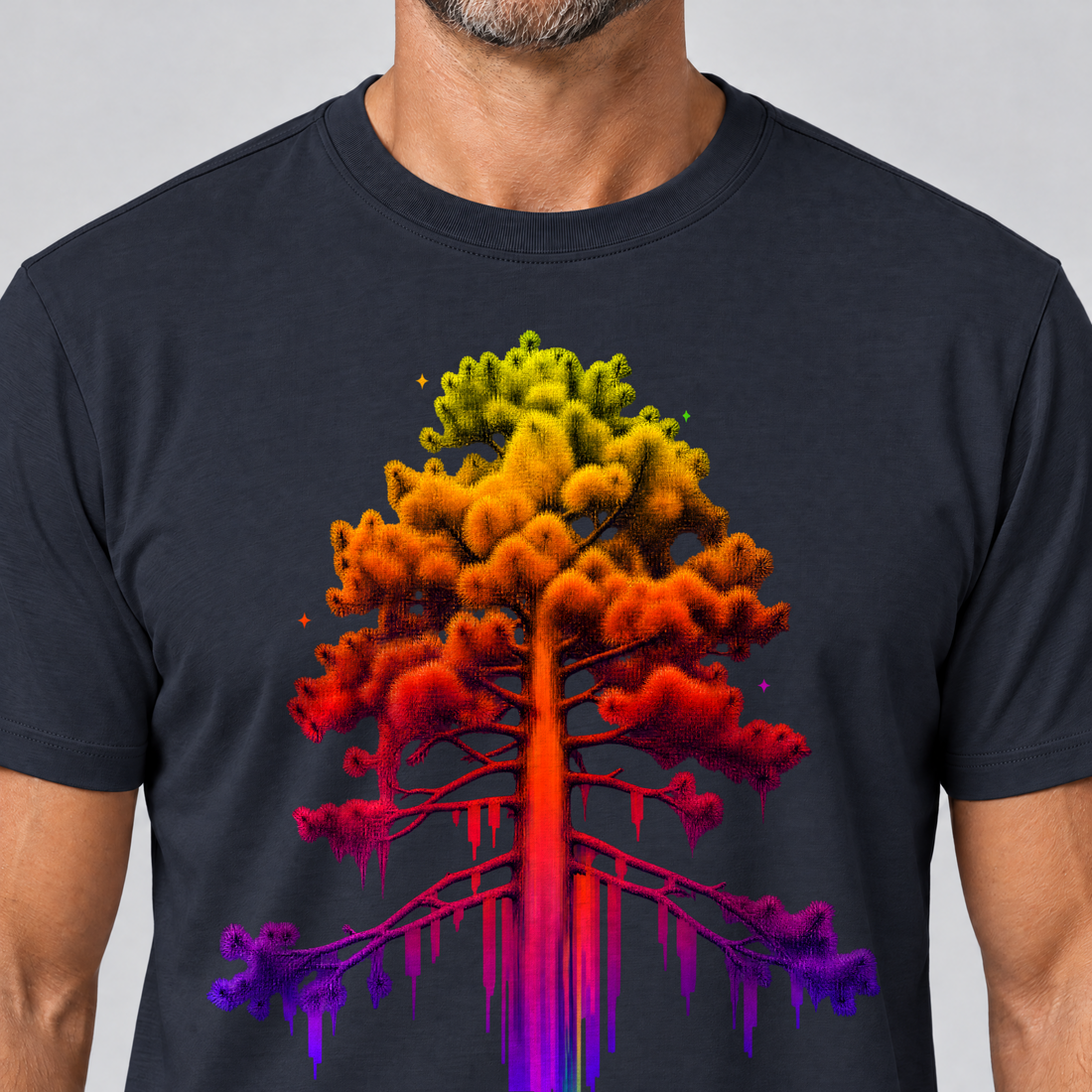 Nahaufnahme des Drucks: Kiefer im Wärmebild – T-Shirt Unisex in Navy, von einem Mann getragen