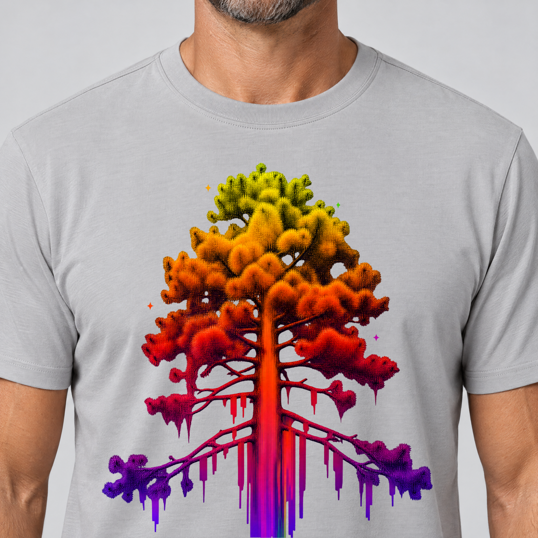 Nahaufnahme des Drucks: Kiefer im Wärmebild – T-Shirt Unisex in Hellgrau, von einem Mann getragen