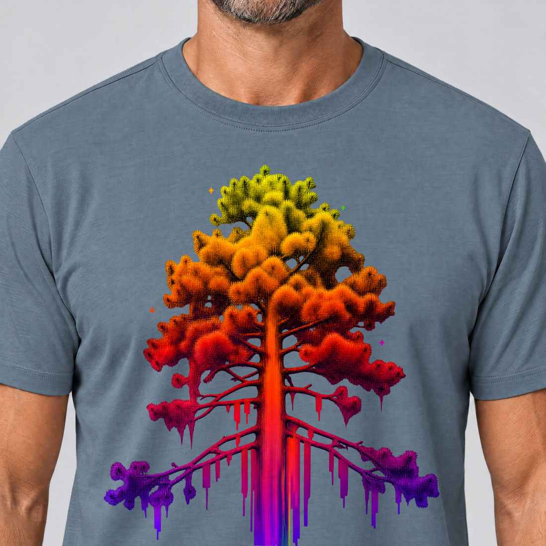 Nahaufnahme des Drucks: Kiefer im Wärmebild – T-Shirt Unisex in Steinblau, von einem Mann getragen