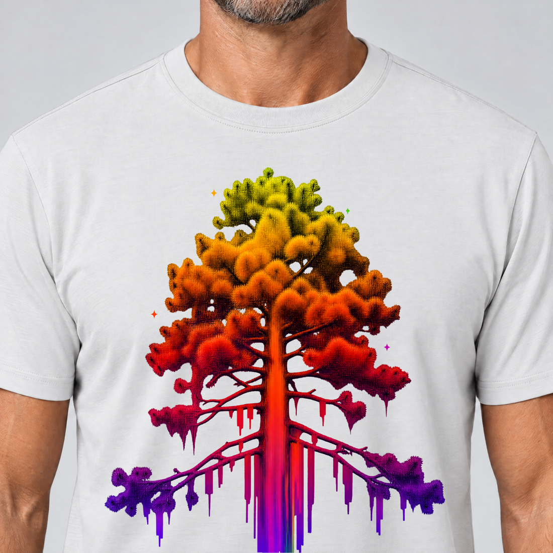 Nahaufnahme des Drucks: Kiefer im Wärmebild – T-Shirt Unisex in Weiß, von einem Mann getragen