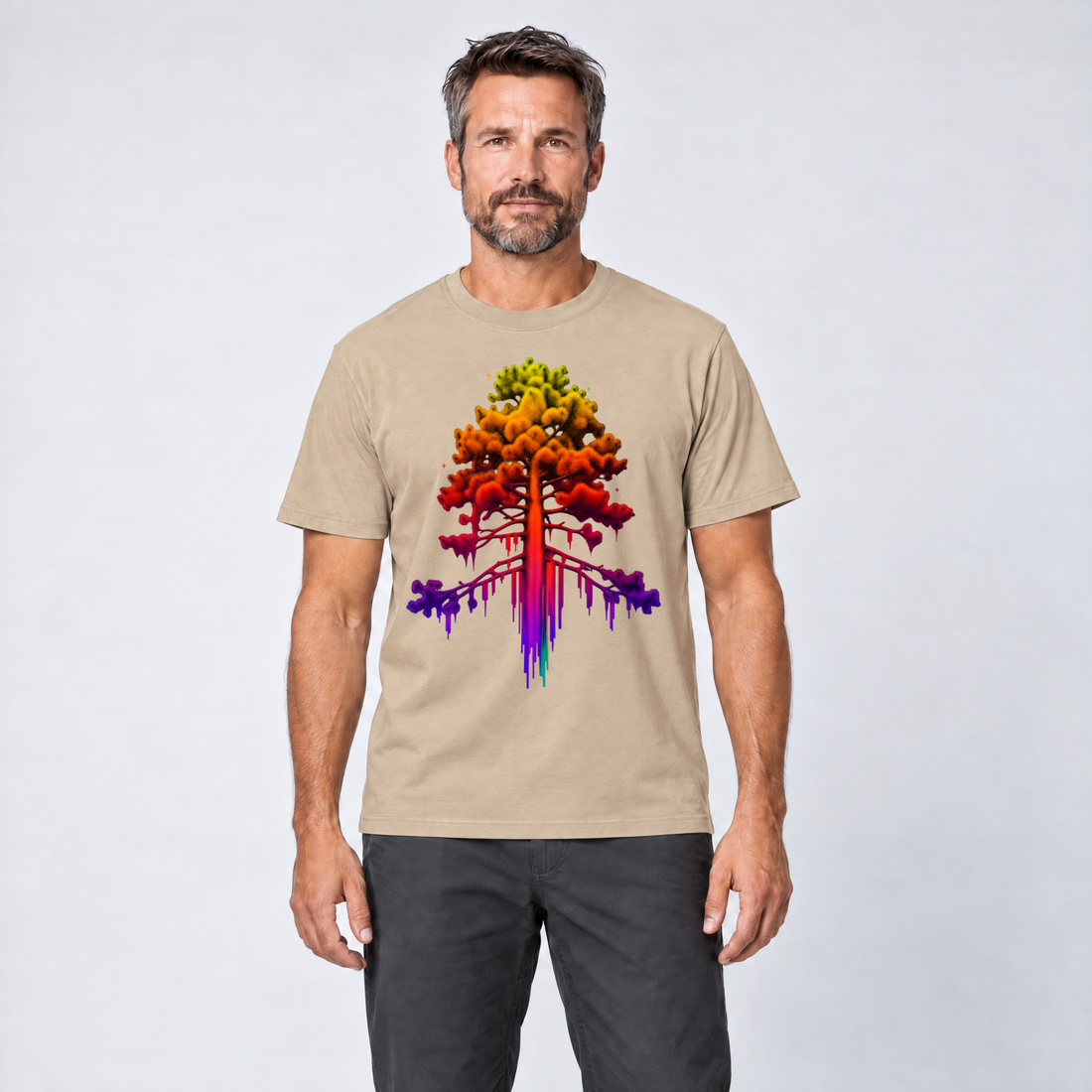 Mann trägt Kiefer im Wärmebild – T-Shirt Unisex in Sand, Ansicht von vorn