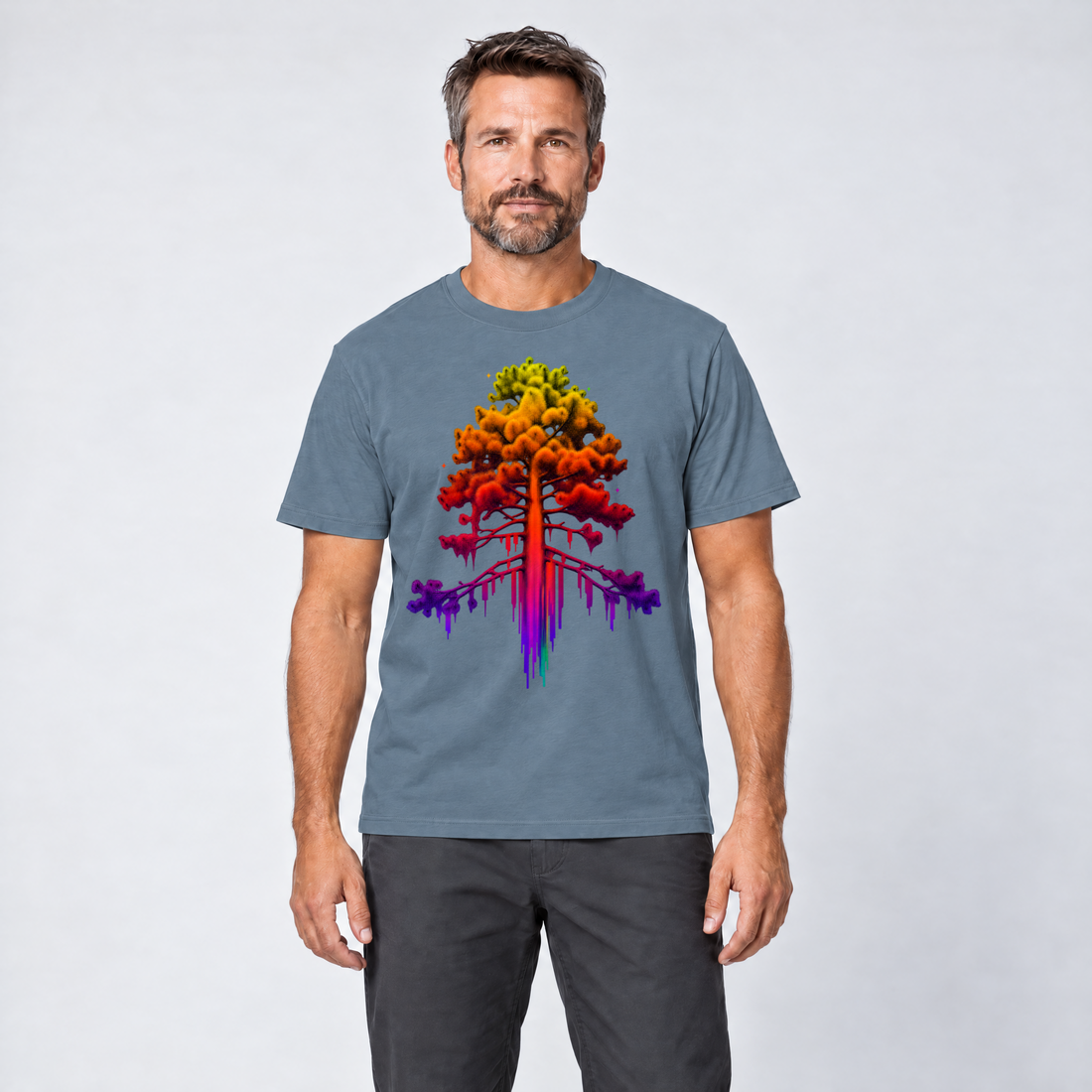 Mann trägt Kiefer im Wärmebild – T-Shirt Unisex in Steinblau, Ansicht von vorn