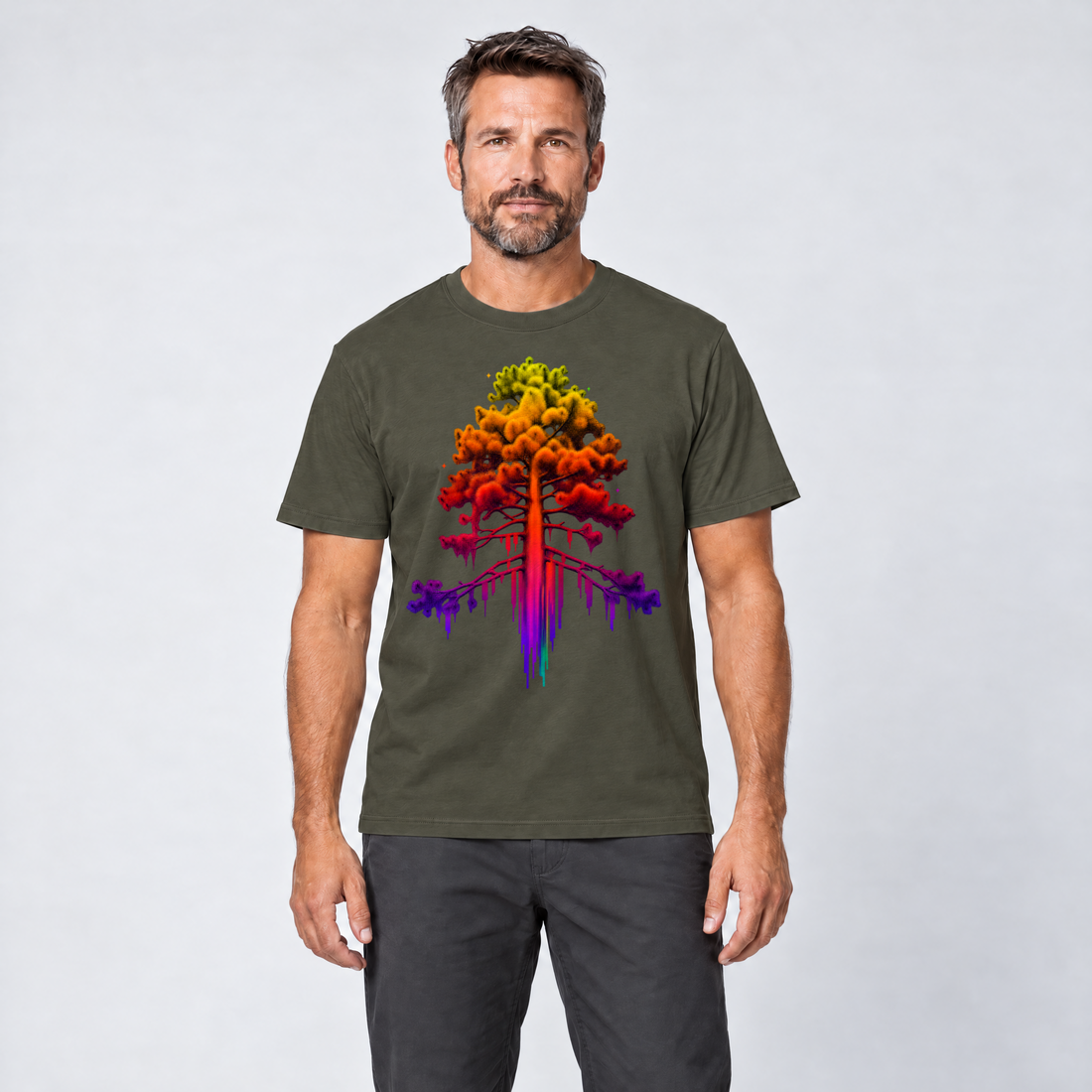 Mann trägt Kiefer im Wärmebild – T-Shirt Unisex in Oliv, Ansicht von vorn