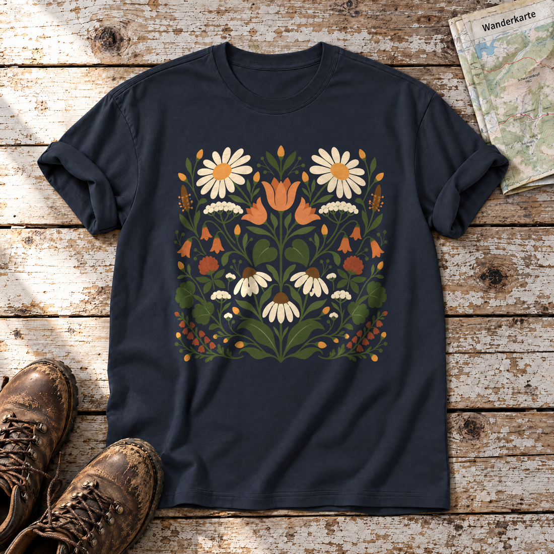 Wiesenblumenstrauß – T-Shirt Unisex in Navy, flach liegend auf alten Holzbrettern mit Wanderschuhen und Wanderkarte.
