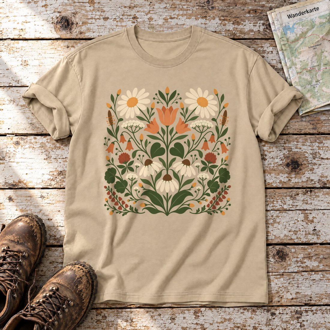 Wiesenblumenstrauß – T-Shirt Unisex in Sand, flach liegend auf alten Holzbrettern mit Wanderschuhen und Wanderkarte.