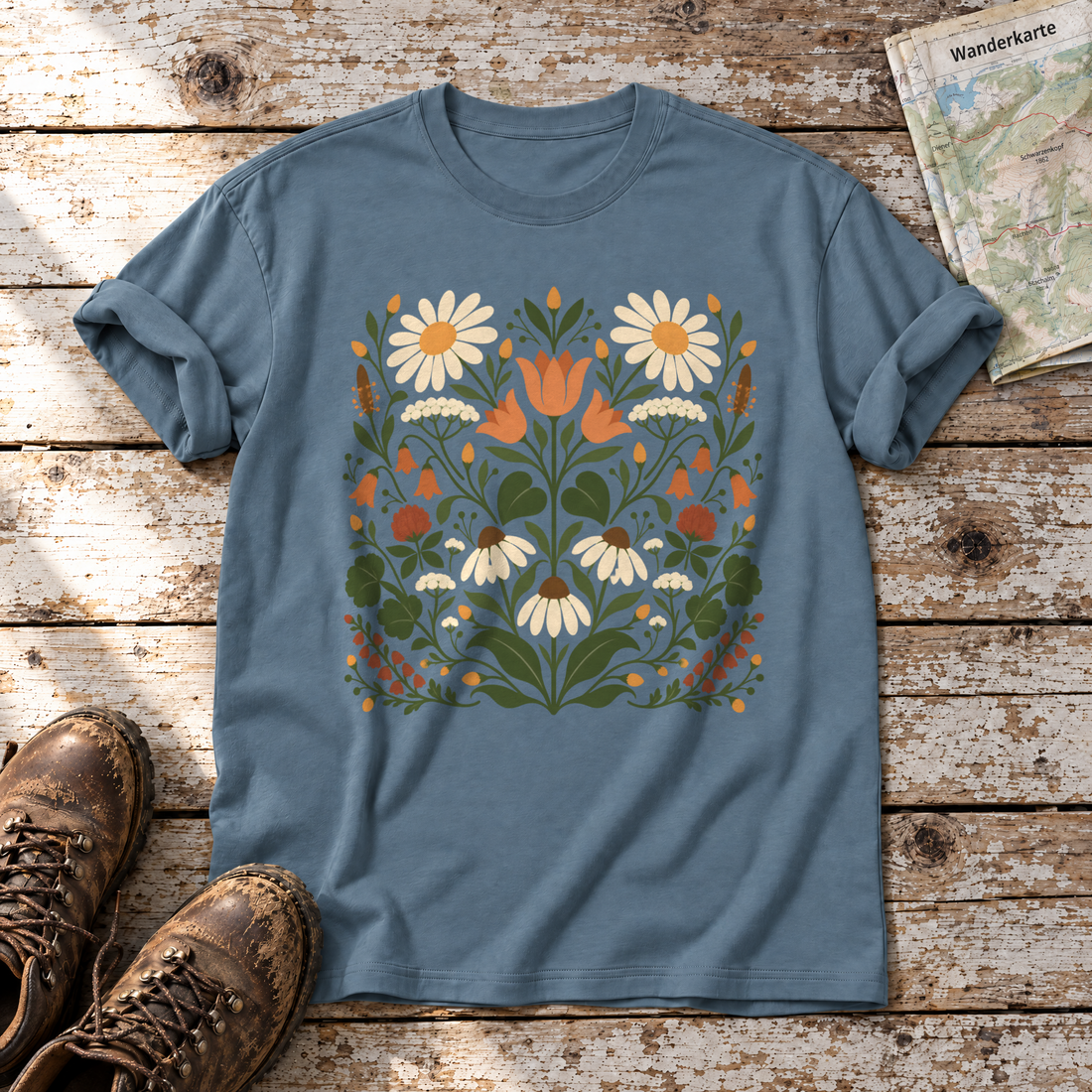 Wiesenblumenstrauß – T-Shirt Unisex in Steinblau, flach liegend auf alten Holzbrettern mit Wanderschuhen und Wanderkarte.