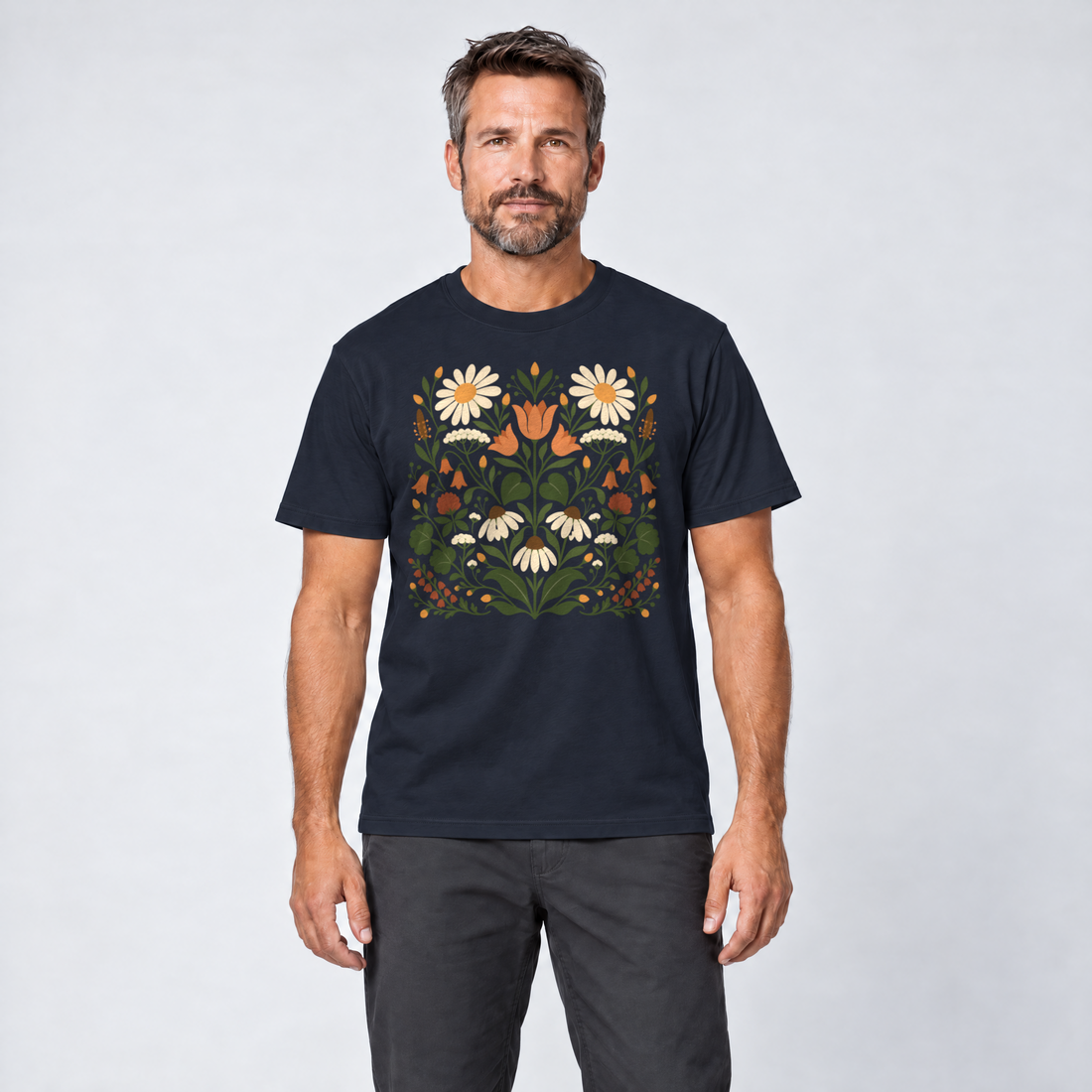 Mann trägt Wiesenblumenstrauß – T-Shirt Unisex in Navy, Ansicht von vorn