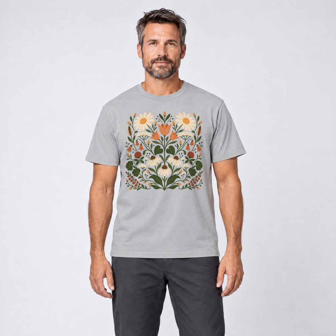Mann trägt Wiesenblumenstrauß – T-Shirt Unisex in Hellgrau, Ansicht von vorn