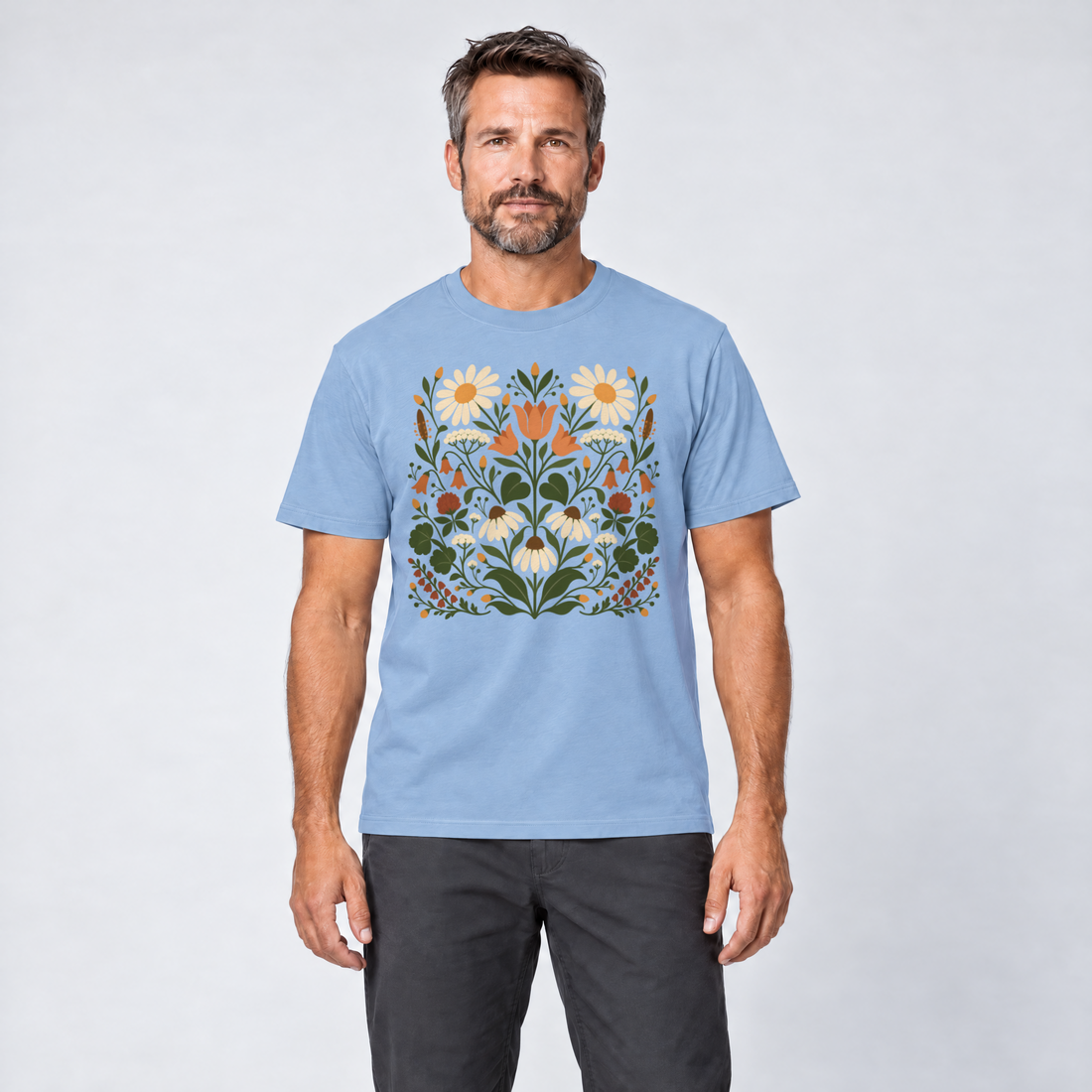 Mann trägt Wiesenblumenstrauß – T-Shirt Unisex in Himmelblau, Ansicht von vorn