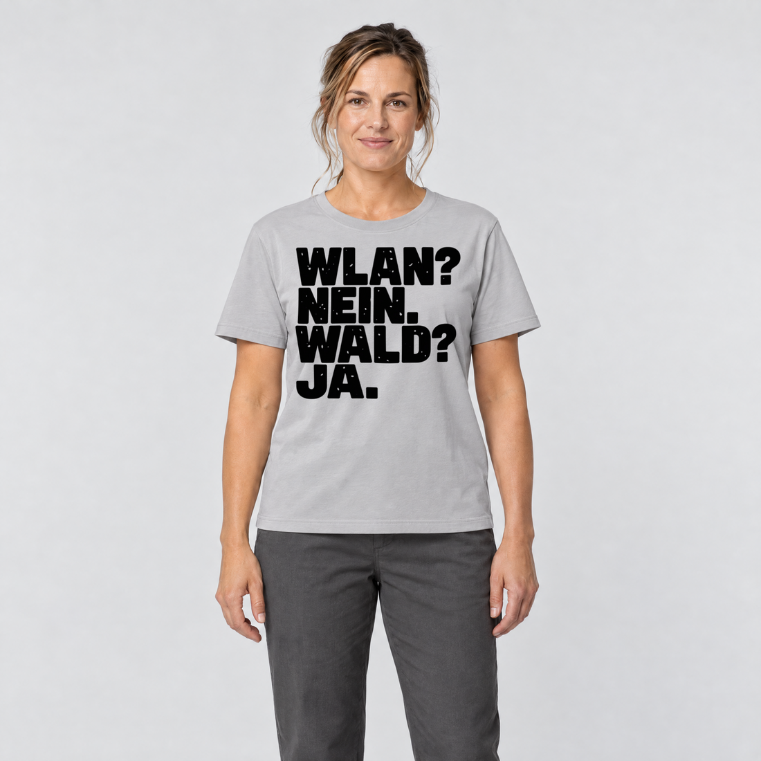 Frau trägt WLAN? Nein. Wald? Ja. – T-Shirt Unisex in Hellgrau, Ansicht von vorn