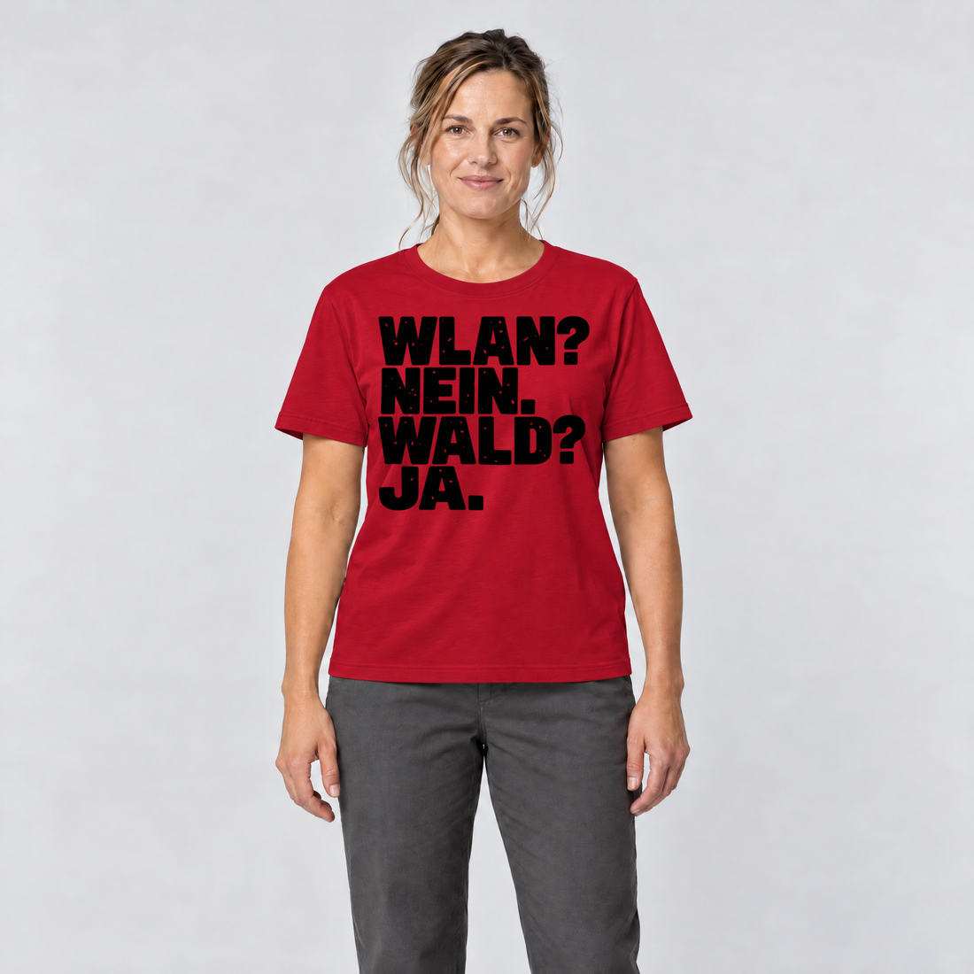Frau trägt WLAN? Nein. Wald? Ja. – T-Shirt Unisex in Rot, Ansicht von vorn