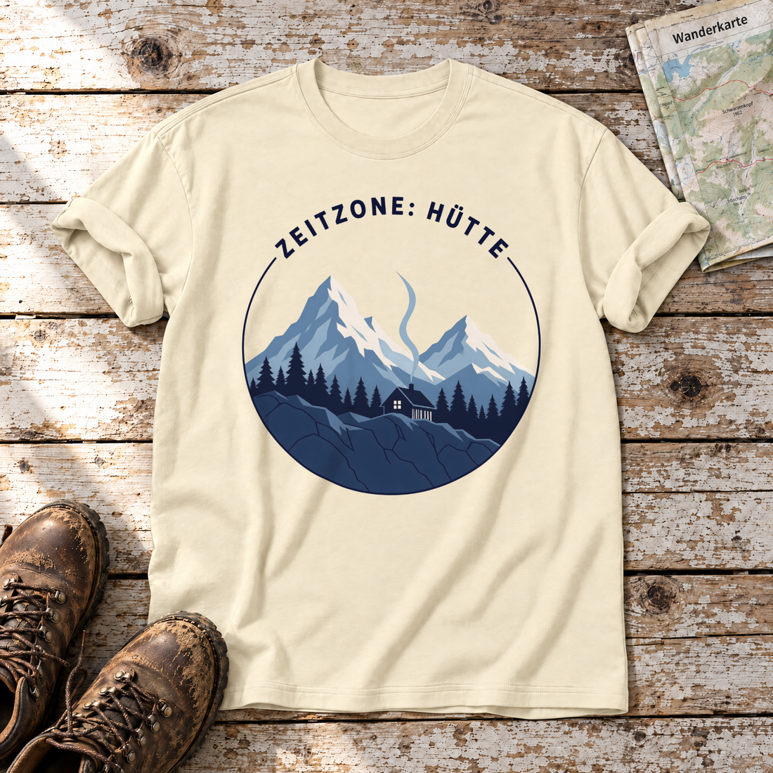 Zeitzone: Hütte – T-Shirt Unisex in Natur, flach liegend auf alten Holzbrettern mit Wanderschuhen und Wanderkarte.