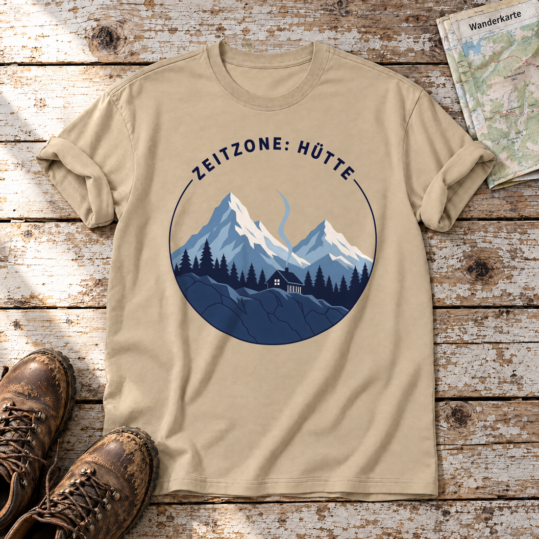 Zeitzone: Hütte – T-Shirt Unisex in Sand, flach liegend auf alten Holzbrettern mit Wanderschuhen und Wanderkarte.
