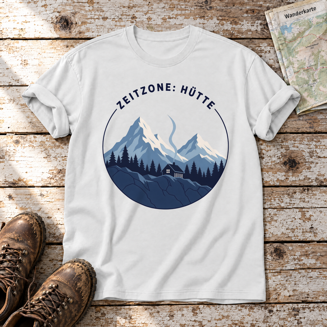 Zeitzone: Hütte – T-Shirt Unisex in Weiß, flach liegend auf alten Holzbrettern mit Wanderschuhen und Wanderkarte.