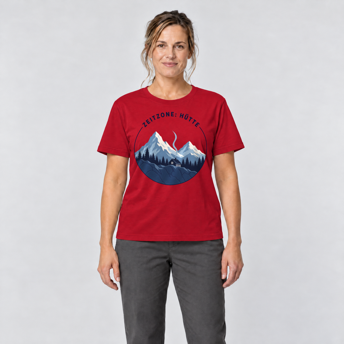 Frau trägt Zeitzone: Hütte – T-Shirt Unisex in Rot, Ansicht von vorn