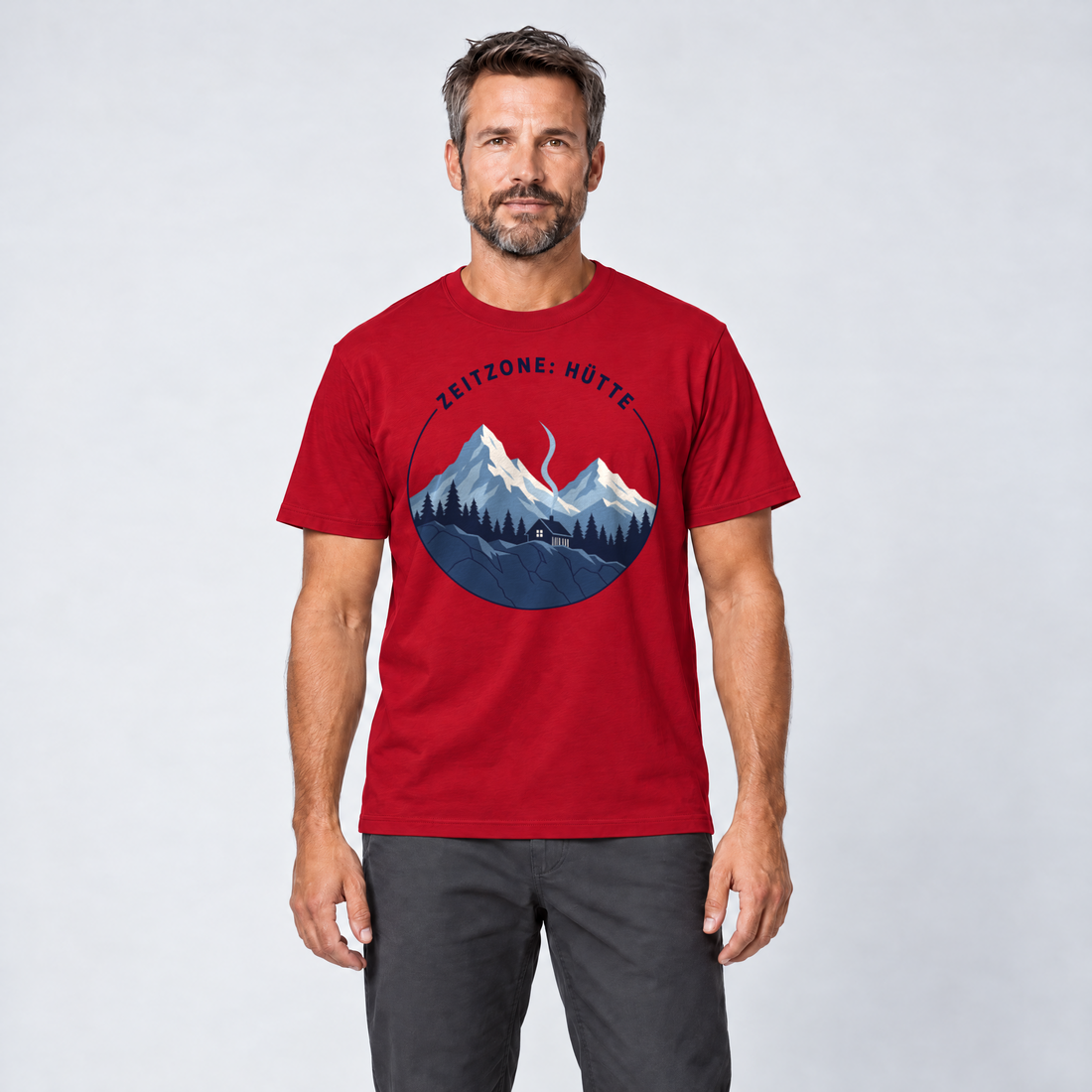 Mann trägt Zeitzone: Hütte – T-Shirt Unisex in Rot, Ansicht von vorn