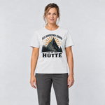 Frau trägt Alle Serpentinen führen zur Hütte – T-Shirt Unisex in Weiß, Ansicht von vorn
