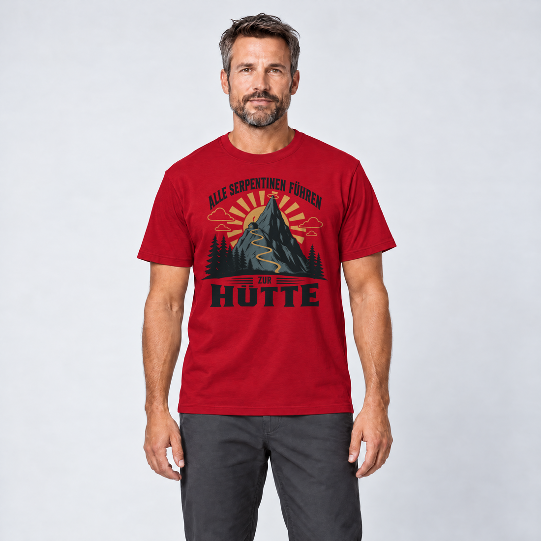 Mann trägt Alle Serpentinen führen zur Hütte – T-Shirt Unisex in Rot, Ansicht von vorn